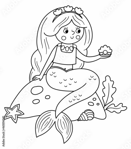 Fairy tale black and white vector mermaid sitting on a rock and holding pearl. Fantasy line girl in crown. Fairytale sea princess with pink hair. Girlish cartoon magic icon or coloring page.