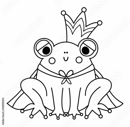 Fairy tale black and white frog prince with crown and mantle isolated on white background. Vector line fantasy animal in royal clothes. Medieval fairytale character or coloring page.