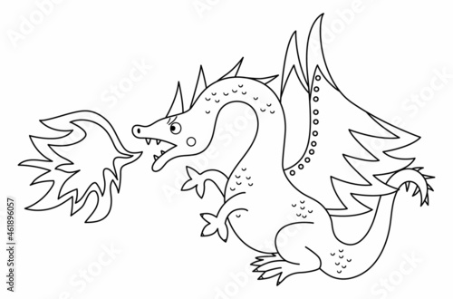 Fairy tale black and white dragon breathing out fire isolated on white background. Vector line fantasy animal. Medieval fairytale character. Cartoon magic icon or coloring page.