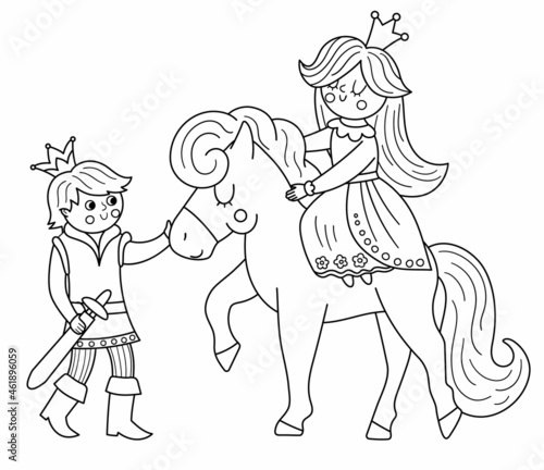 Fairy tale black and white prince with princess on a horse. Vector fantasy young line monarch in crown with girl. Medieval fairytale characters. Cartoon magic sovereign icon or coloring page.