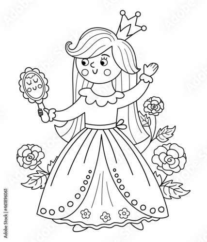 Fairy tale black and white vector princess with mirror and roses. Fantasy line girl in crown. Medieval fairytale maid coloring page. Girlish cartoon magic icon with cute character..