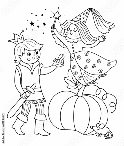 Fairy tale black and white prince with fairy, pumpkin, lost shoe, mouse. Vector line fantasy young monarch icon. Medieval fairytale characters. Cartoon magic tale scene coloring page.