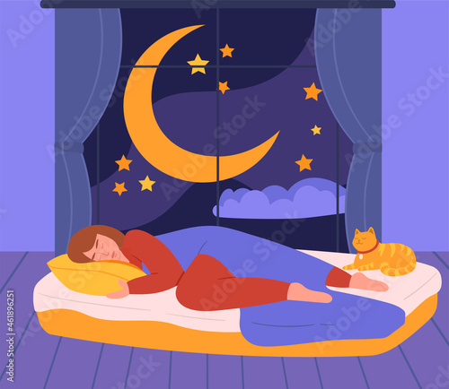 Woman sleep with cat concept. Female character lying on soft mattress and pillow. Rest and recuperation at night. Good dreams. Cartoon modern flat vector illustration isolated on blue background