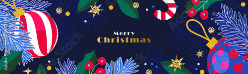 Christmas greeting card, banner, poster, holiday cover or header for website. Modern Xmas art design with frame made of christmas balls, fir branches, confetti, decor elements on dark blue background