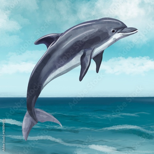 A watercolor dolphin jumps from the water. Vivid illustration