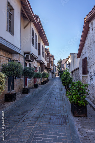 The restored historical houses and narrow streets of Antalya s historical Kalei  i...