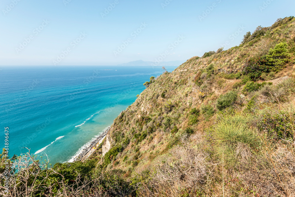 Mediterranean Shrubland on steep slope of Tigullio coast near Cavi, Italy Mediterranean Shrubland on steep slope of Tigullio coast near Cavi, Italy