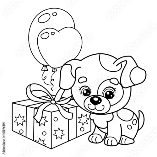 Coloring Page Outline Of cartoon little dog with presents and balloons. Cute puppy as a birthday gift. Pet. Coloring book for kids
