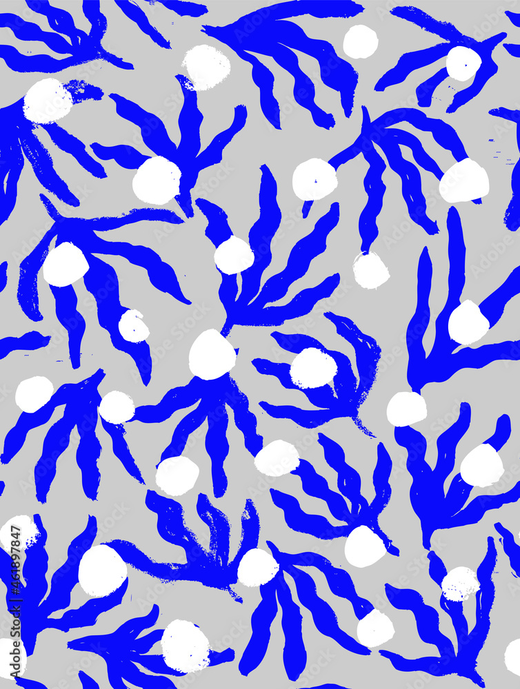 Leaf Shape and Polka Dots Hand Drawn Vector Seamless Pattern. Blue Leaves Drawn with a Brush.  Design for Fabric, Wrapping Paper, Gift Cards etc.