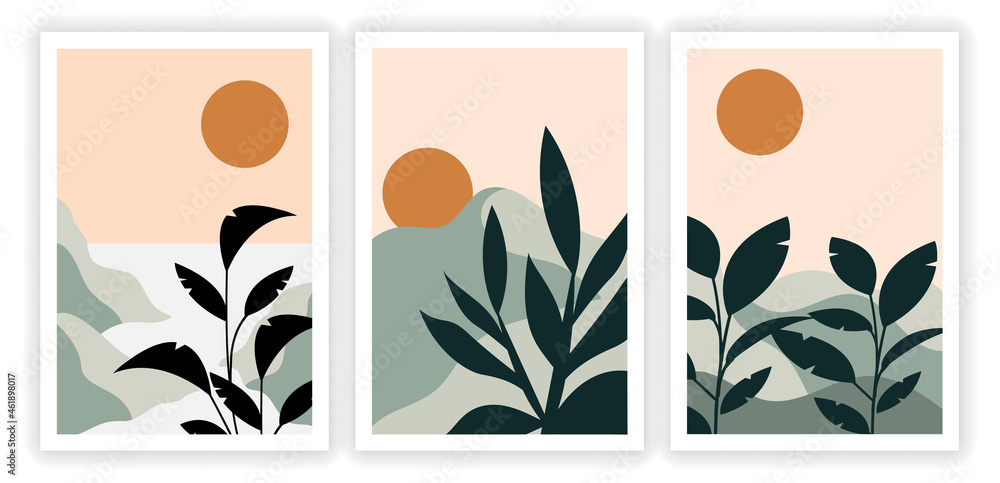 Collection of posters with mountain landscape. Minimalistic art with leaves, sun and hills. Colorful templates for printing and decorating walls. Cartoon flat vector set isolated on white background