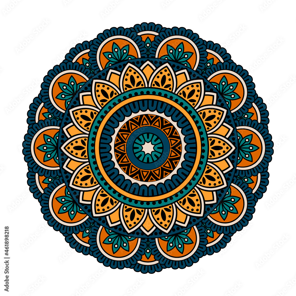 Vector mandala isolated on white background. Pattern in blue, orange and yellow colors. Vintage decorative element for design