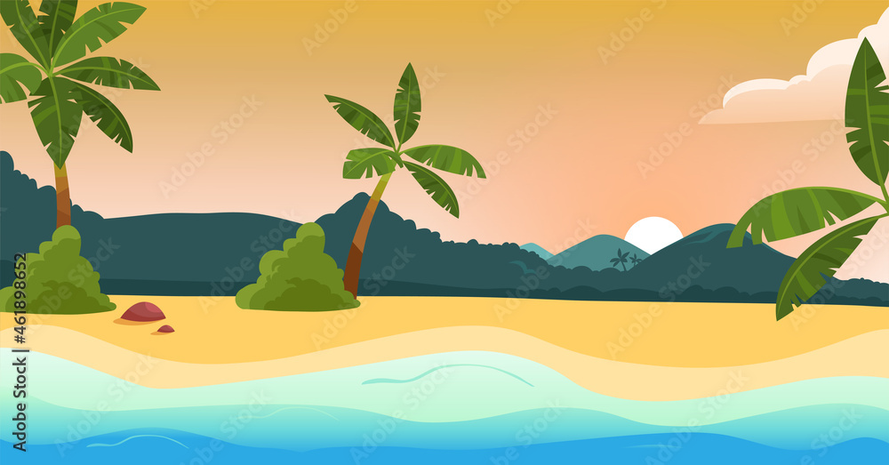 Beach and sea concept. Colorful landscape with tropical palm trees, mountains and sun. Holidays in warm countries. Horizontal poster. Cartoon flat vector illustration isolated on white background