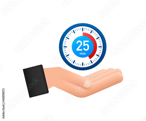 The 25 minutes, stopwatch with hands icon. Stopwatch icon in flat style, timer on white background. Vector illustration.