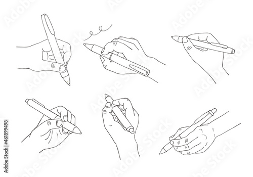 ペンを持つ手の手描きイラストセット（モノクロ）
