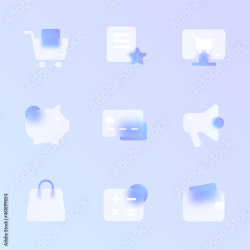 e commerce glass morphism trendy style icon set. e commerce transparent glass color vector icons with blur and purple gradient. for web and ui design, mobile apps and promo business polygraphy
