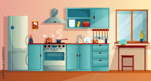Fototapeta Naklejka Na Ścianę i Meble -  Kitchen interior witn furniture cartoon vector illustration. Home cooking room with wooden dining table, kitchen cabinets, fridge oven, hob and extractor hood. Appliances for home
