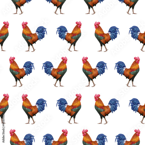 Seamless Pattern with hand-drawn Rooster, digitally colored, 