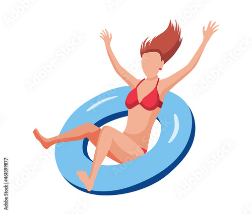 Woman float on air mattress. Fun female character. Young lady swimming on inflatable ring. Summertime flat cartoon illustration