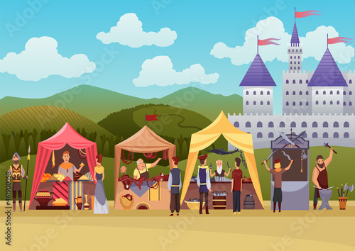 Cartoon medieval fair. Middle ages or fairy tale fair market with characters standing in costumes. Sell various products