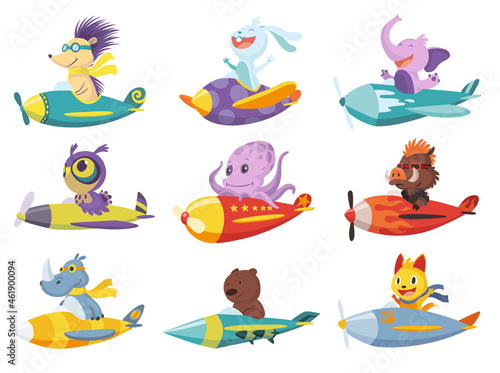 Set of cute baby animals cat, elephant, bear on airplanes. Collection of funny pilots lion, rhinoceros, owl octopus flying on planes. Cartoon vector characters flying on retro transport