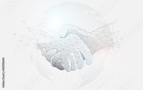 Businessmen shaking hands on a world map. Low polygon line, triangles, and particle style design. Abstract geometric wireframe light connection structure photo