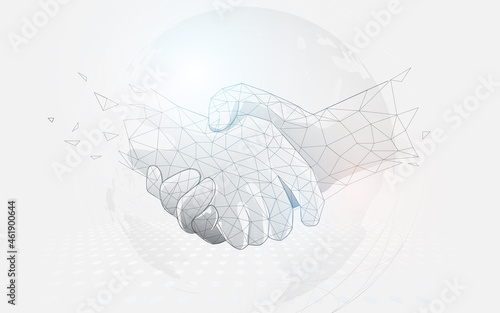 Businessmen shaking hands on a world map. Low polygon line, triangles, and particle style design. Abstract geometric wireframe light connection structure