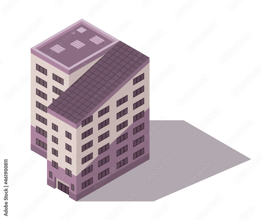 Vector isometric high rise building. City or town map construction element. Icon representing multi story building. Houses, homes or offices
