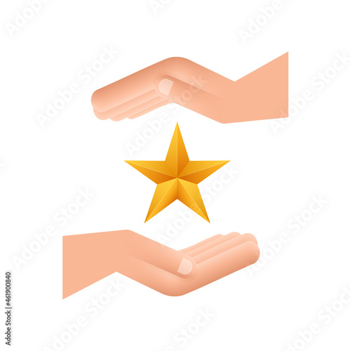 Realistic metallic golden star over hand pattern on white background. Vector stock illustration.