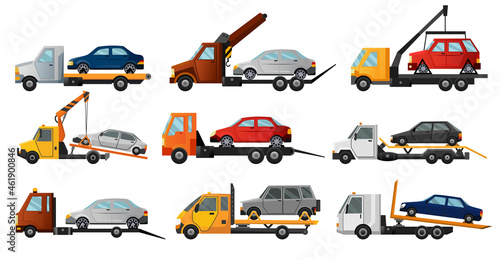 Collection of tow trucks. Flat faulty car loaded on a tow truck. Vehicle repair service which provides assistance damaged or salvaged cars