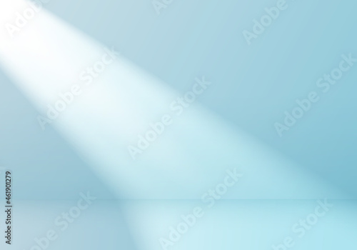 3D empty studio room with light shines from the window on soft blue minimal scene background