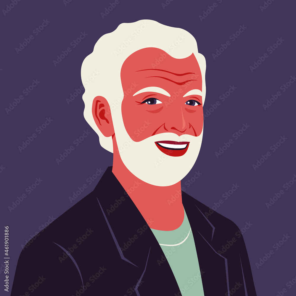 Portrait of a happy elderly man with beard. Avatar of a laughing grandfather. An old businessman. A face in half-turn. Social networks. Vector flat illustration - obrazy, fototapety, plakaty 