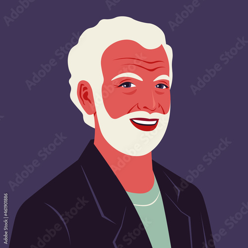 Portrait of a happy elderly man with beard. Avatar of a laughing grandfather. An old businessman. A face in half-turn. Social networks. Vector flat illustration
