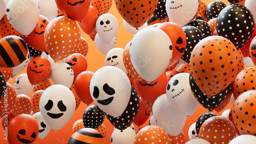 Balloons with Halloween themed designs, in Orange, Black and White.