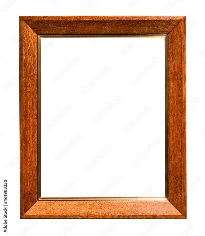 vertical wide brown wooden picture frame cutout on white background