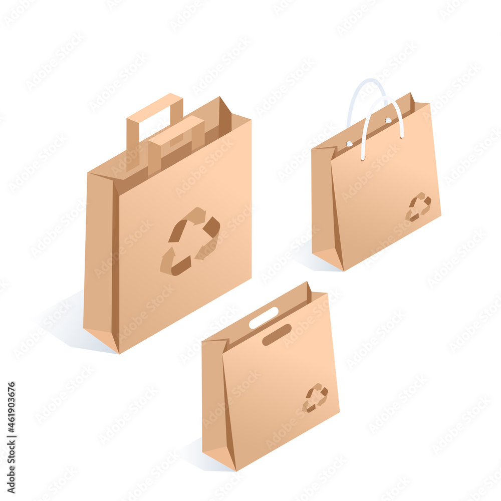 isometric vector illustration isolated on white background, set of paper shopping bags with recycling icon, ecological packaging isometric vector illustration isolated on white background, set of paper shopping bags with recycling icon, ecological packaging