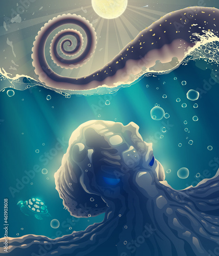 Under water sea devil or octopus monster in blue water with waves, splashes, ocean deep dark space with bubbles over dark sky with moon, night landscape illustration in vector.