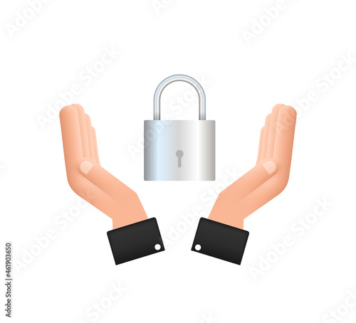 Locked realistic padlock in hands. Security Concept. Metal Lock For Safety And Privacy.