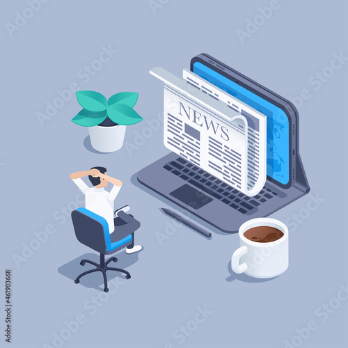 isometric vector illustration on a gray background, a man sits on a chair and reads a newspaper on the tablet, a cup of coffee and a flower, read the news online