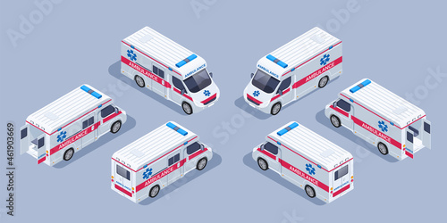 isometric vector illustration on gray background, ambulance car front and back view