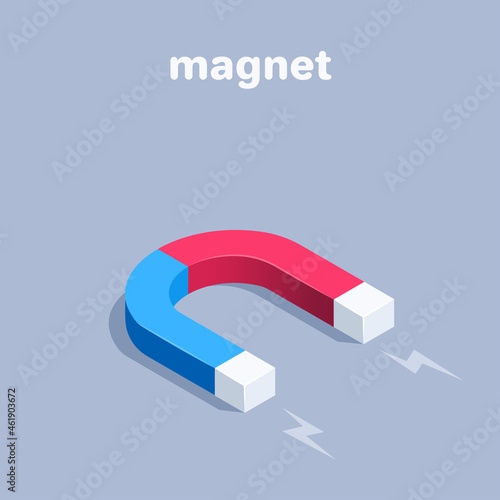 isometric vector illustration on gray background, magnet of blue and red color, attracting a buyer or money