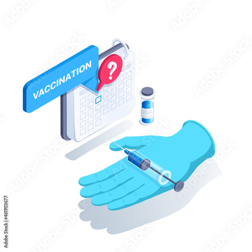 isometric vector illustration isolated on white background, hand in a medical glove with a syringe and the inscription vaccination in the text bubble, doubt or choice