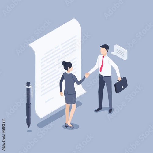 isometric vector illustration on gray background, man and woman in business clothes shake hands next to paper document, signing a document or concluding a contract