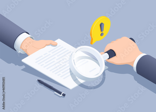 isometric vector illustration on a gray background, a man in a business suit offers to sign a document and another examines these papers through a magnifying glass, read what you sign