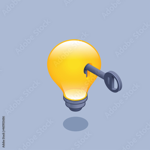 isometric vector illustration on gray background, glowing light bulb and key in the keyhole on it, innovation and success