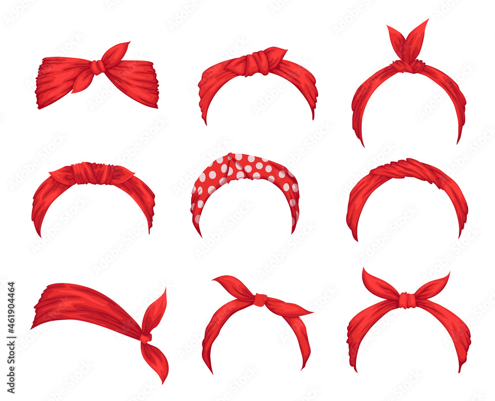 Collection of retro headbands for woman. Mockups of decorative hair knott. Red bandana windy hair dressing. Tied handkerchief for hairstyles Collection of retro headbands for woman. Mockups of decorative hair knott. Red bandana windy hair dressing. Tied handkerchief for hairstyles