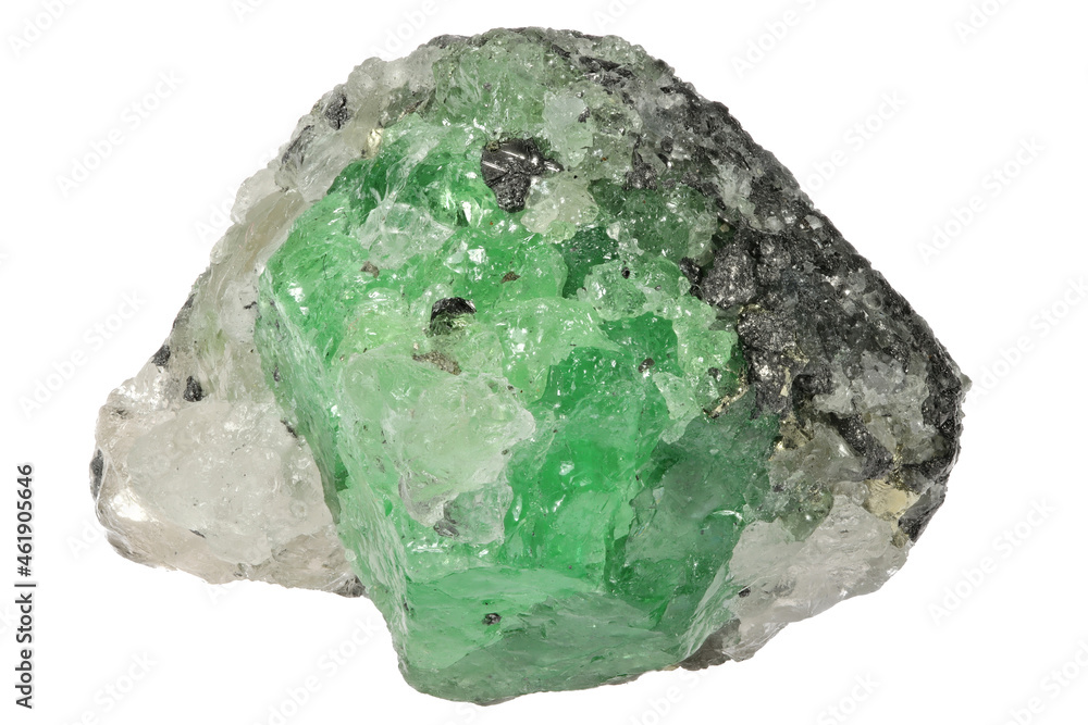 tsavorite garnet on quartz and graphite matrix from Merelani Hills, Tanzania isolated on white background tsavorite garnet on quartz and graphite matrix from Merelani Hills, Tanzania isolated on white background