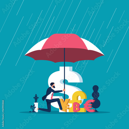 Businessman with umbrella protecting money from economic problems, Business and finance protection vector concept