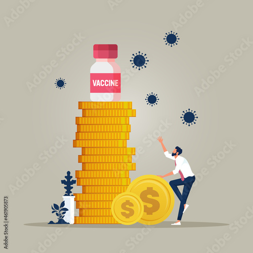 Expensive medical expenses for COVID-19, coronavirus vaccine concept, COVID-19 tablets or pill on a pile of money and normal people who are sitting cannot afford treatment with viral pathogens