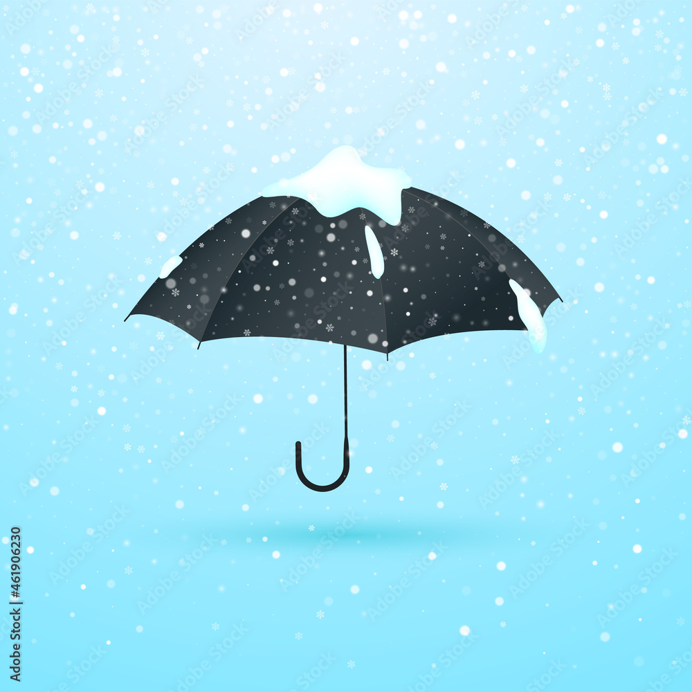 Umbrella in the snowfall under the snowflakes. Vector illustration.