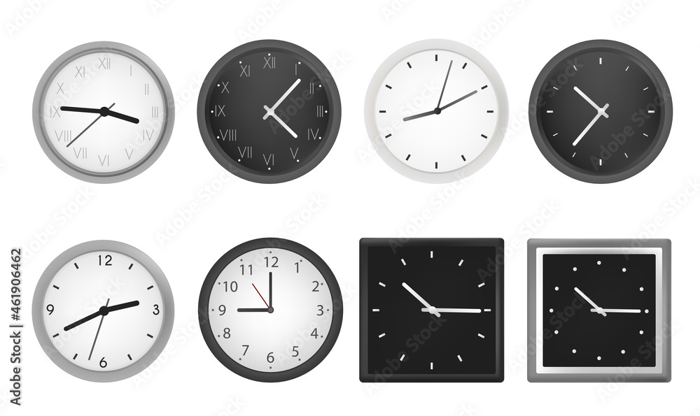Realistic clock set. Elegant watch with black or white dial, matte frame and hands. Device that shows time. Timer, alarm clock, deadline. Cartoon flat vector collection isolated on white background Realistic clock set. Elegant watch with black or white dial, matte frame and hands. Device that shows time. Timer, alarm clock, deadline. Cartoon flat vector collection isolated on white background